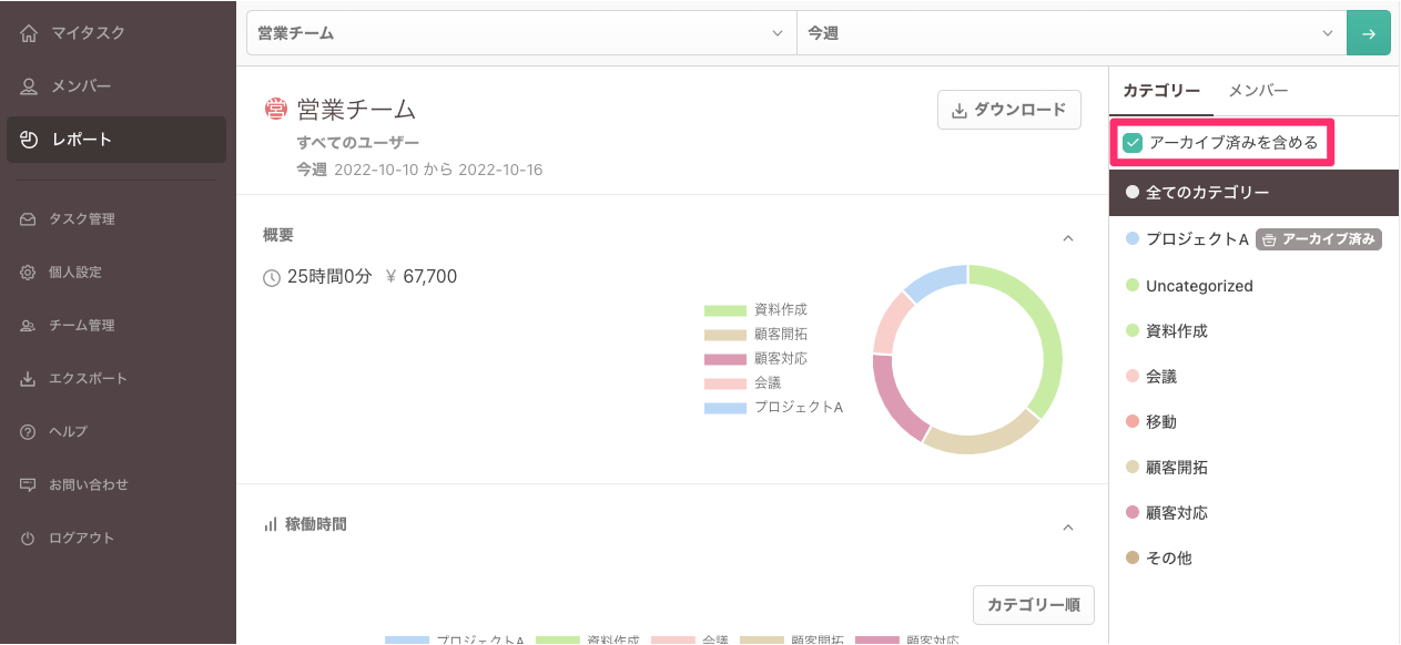 レポート画面のアーカイブ済み表示/非表示チェックボックス